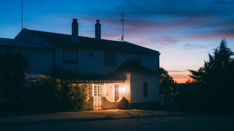 Charming house at sunset in suburban setting
